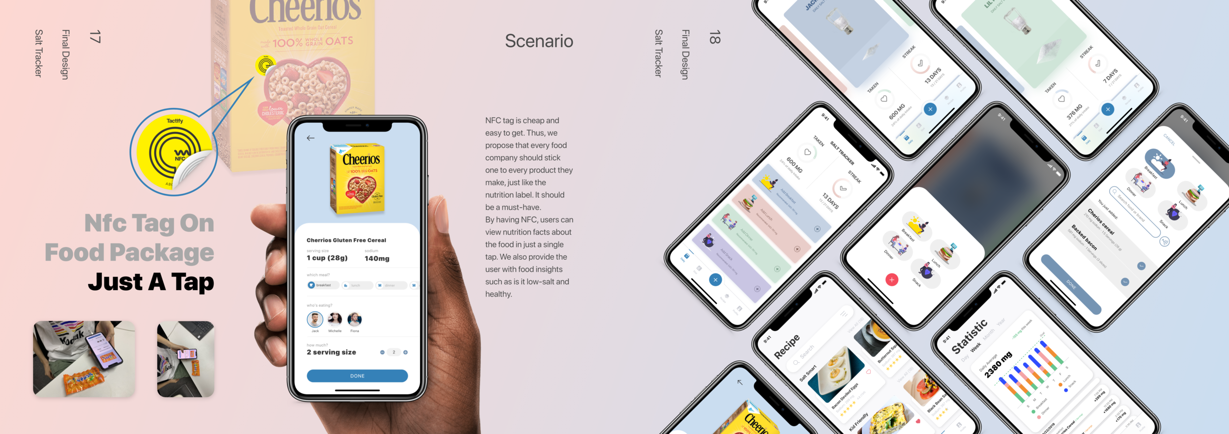NFC tag concept — tap packaged food for sodium health rating