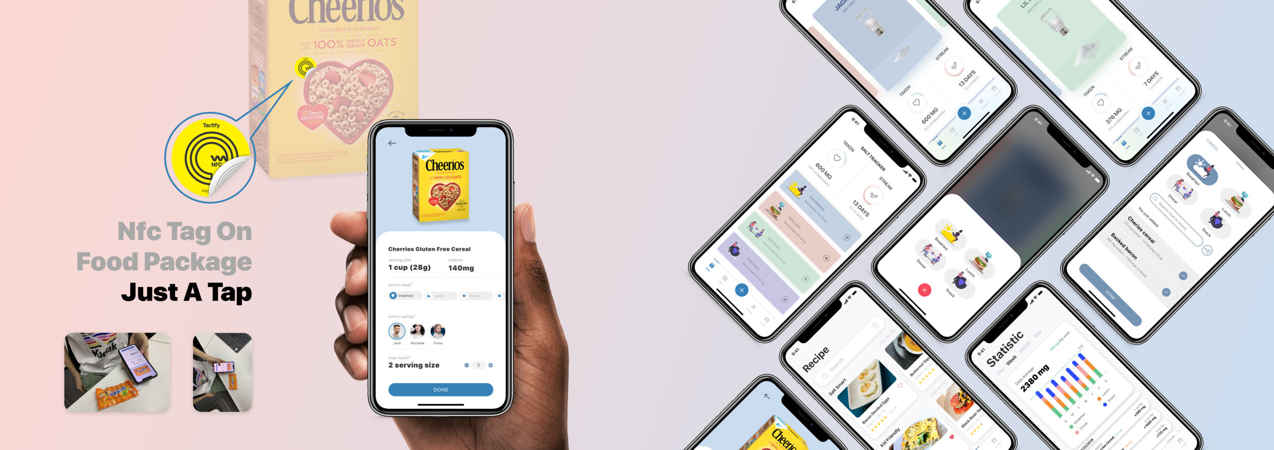 Salt Tracker — all four app tabs: Daily, Stats, Recipe, Profile